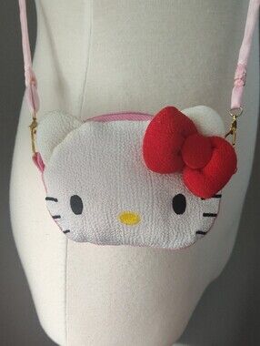 Hello Kitty Pink & White Face Shoulder Crossbody Zippered Bag with Red Bow